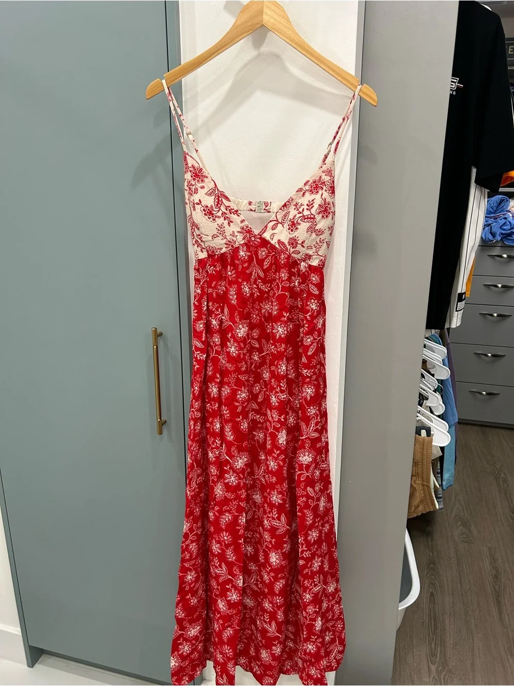 Red Floral Maxi Dress with Ivory Bodice